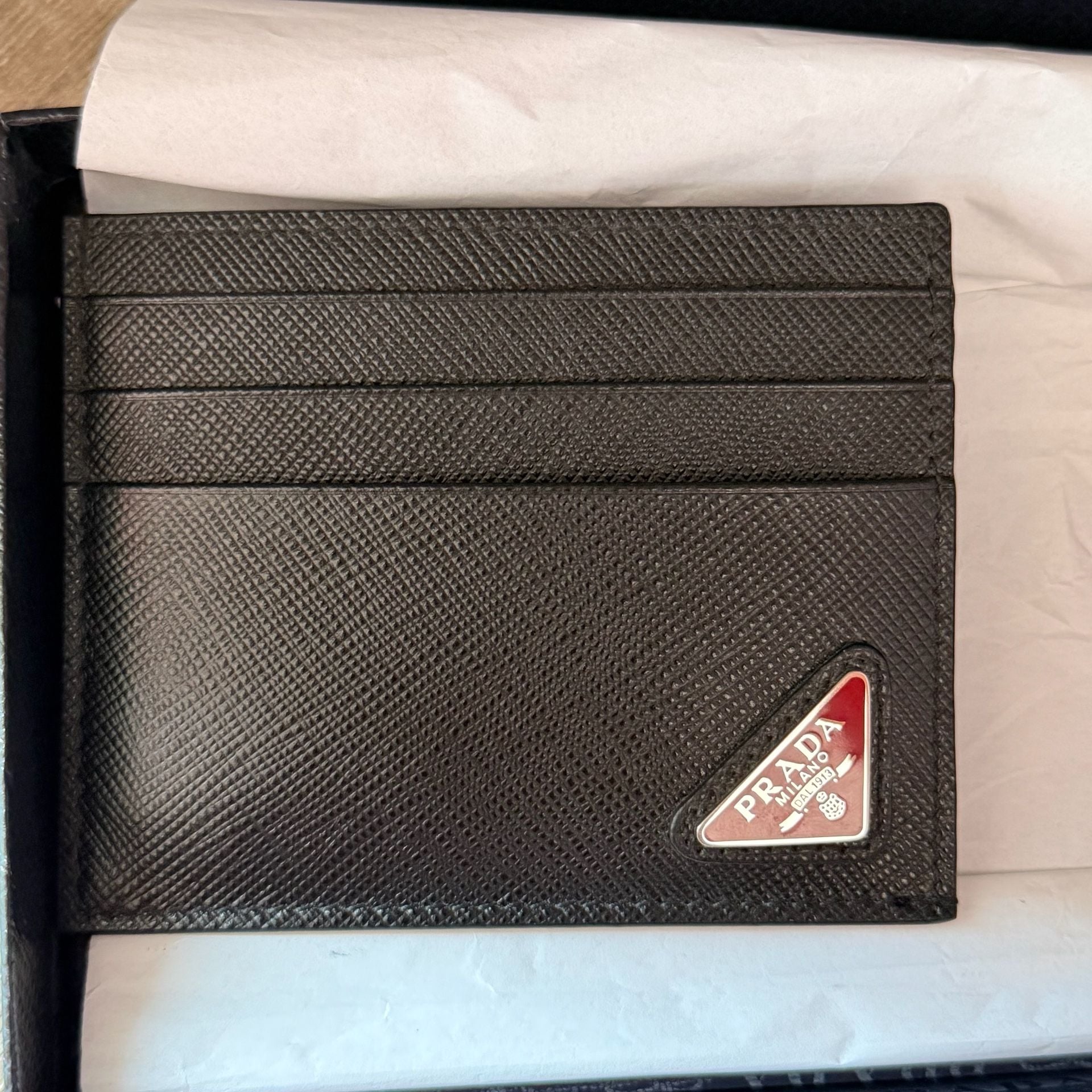 Prada Saffiano Leather Triangolo Card Holder In Nero And Fuoco